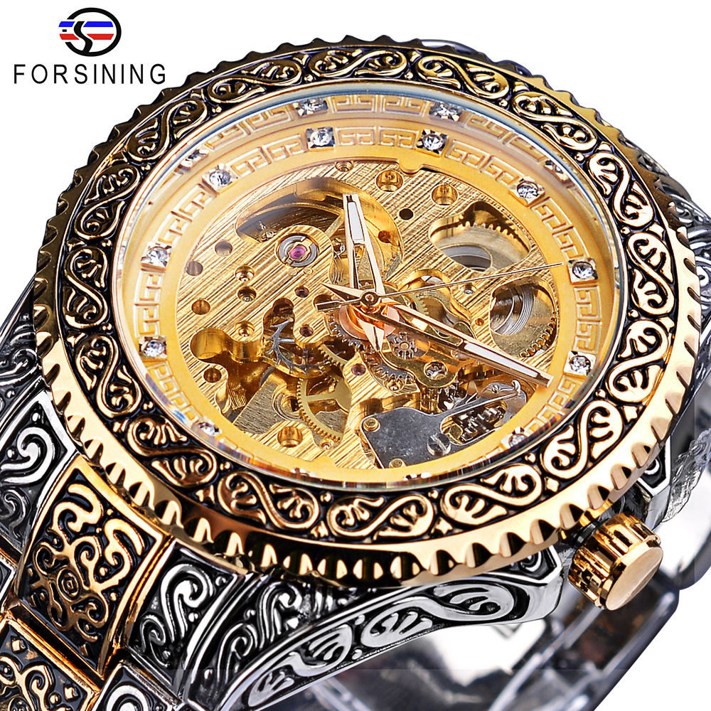 Reloj mecánico Forsining totalmente automático, reloj de hombre de oro tallado, modelo de hebilla de mariposa resistente al agua_voghion.com