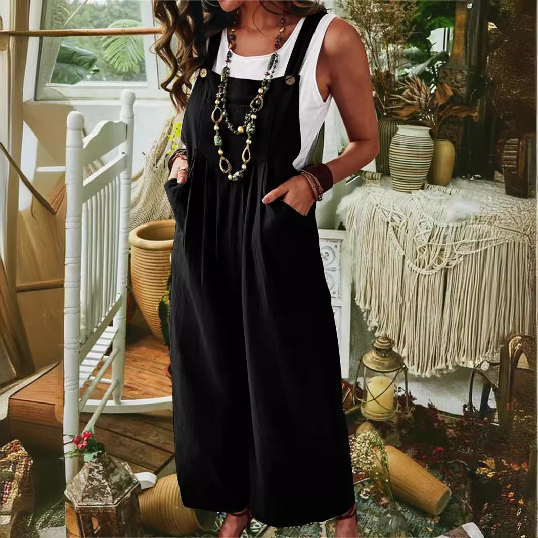 2024 deseo de las mujeres Amazon eBay engrosada algodón lino color sólido sin mangas bolsillo casual pierna ancha hebilla lateral mono