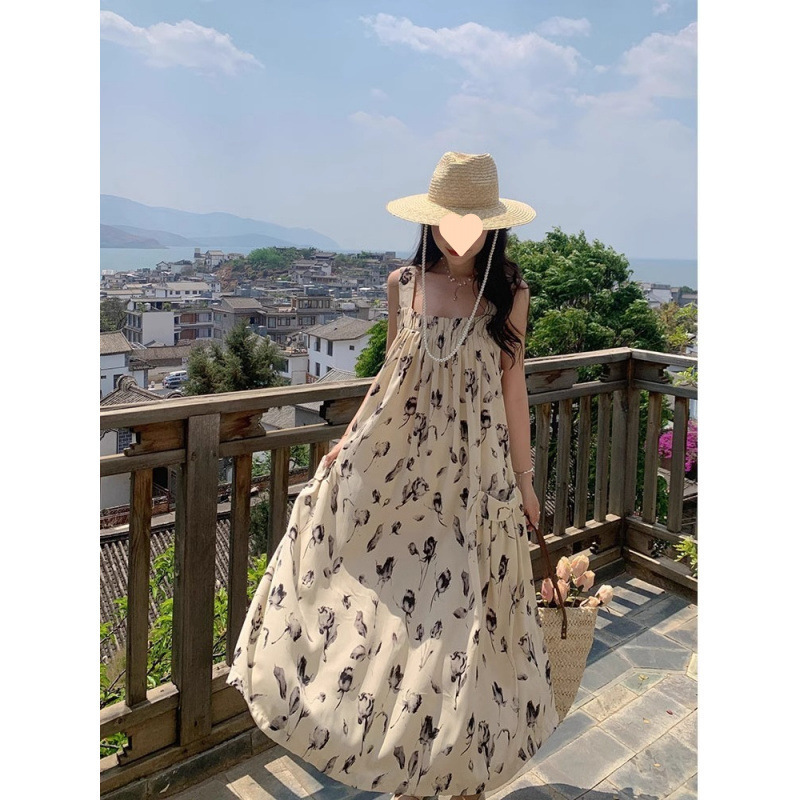 Maternity Summer Dress Long Chiffon Floral Suspender Skirt Summer Large Size Pastoral Style Late Pregnancy Suspender Skirt