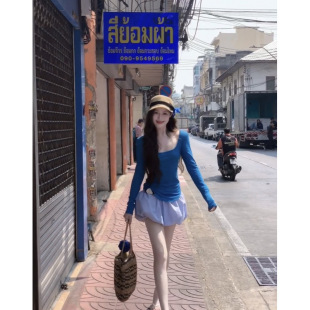 Spring and Autumn Unique Chic Sweet Spice Girl Slim-fit Square Collar Short Top Design Super Beautiful Blue Long Sleeve T-shirt for Women