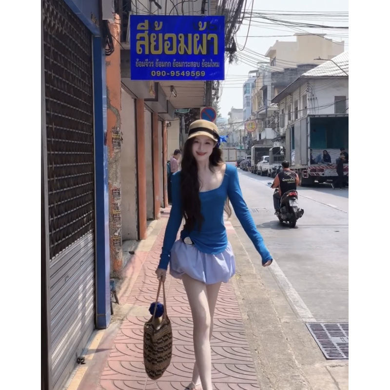 Spring and Autumn Unique Chic Sweet Spice Girl Slim-fit Square Collar Short Top Design Super Beautiful Blue Long Sleeve T-shirt for Women