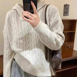 24新款秋冬复古麻花连帽毛衣女套头宽松慵懒软糯厚款针织卫衣帽衫