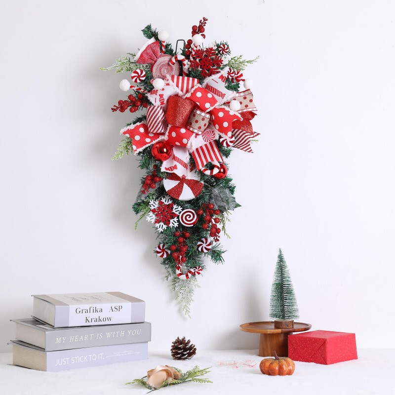 クロスボーダー独立ステーション新しいクリスマス逆さまツリークリスマスドア吊りクリスマスキャンディ逆さまツリー壁装飾|undefined