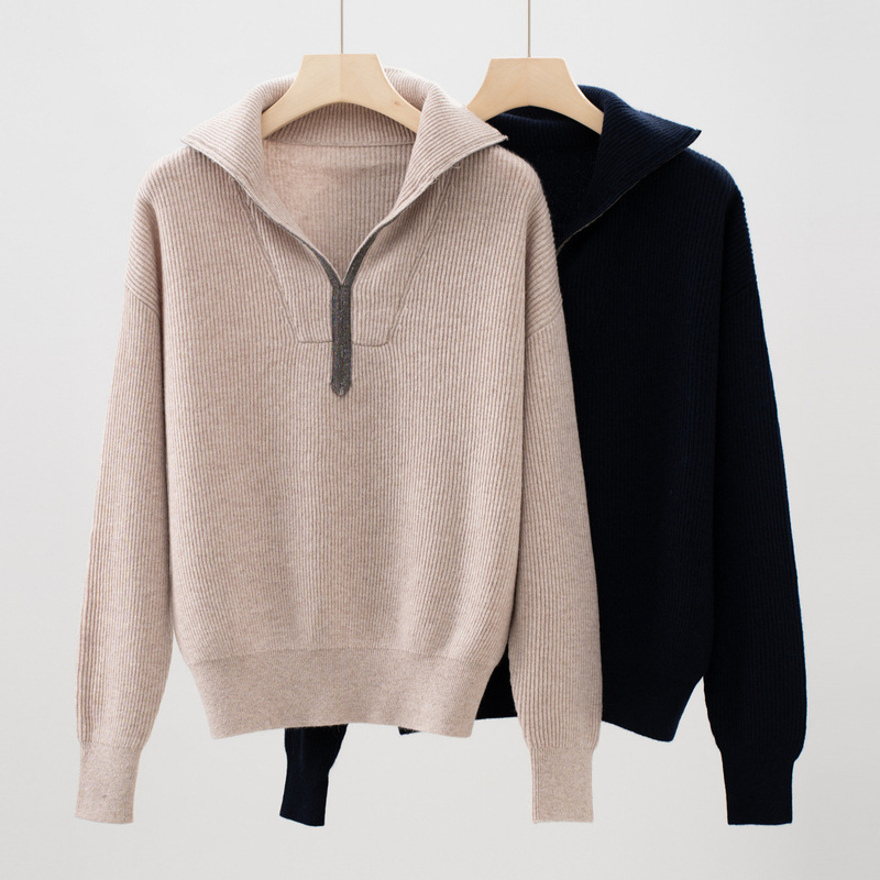 Bc25 Autumn and Winter New Cashmere Wool Bead Chain Lapel Sweater Half-Breasted Casual Versatile Knitted Top for Women