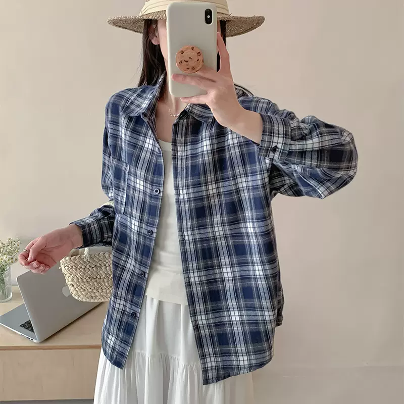 春秋格子衬衫女新款美式复古外套设计感潮流宽松休闲中长长袖上衣