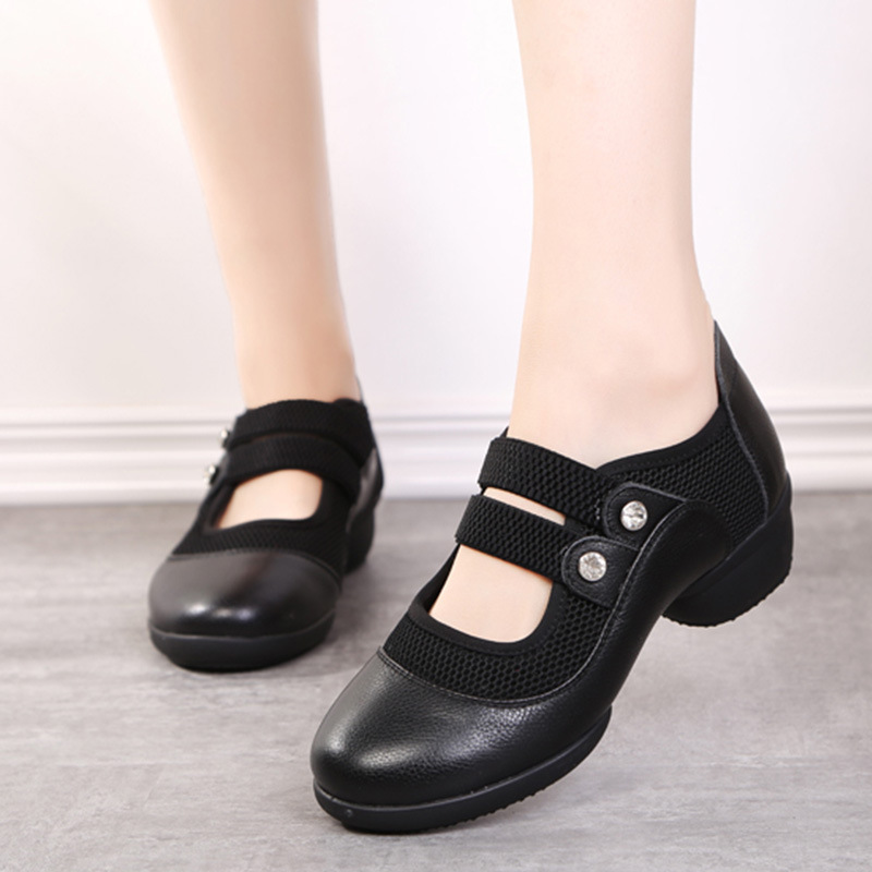 Manmanli Summer Cowhide Round Toe Leg Dancing Shoes Women's Middle-aged and Elderly Sports Soft-soled Modern Dance Square Dancing Shoes