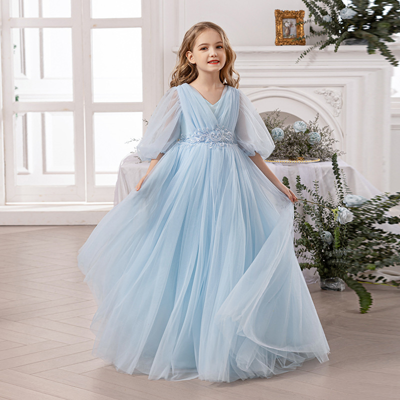 Mädchenkleid im europäischen und amerikanischen Stil, Herbst, neue Ärmel, bauschiger Tüll, langes himmelblaues Partykleid aus Tüll, langes Kleid für Geburtstagsfeiern, Aufführungen_voghion.com