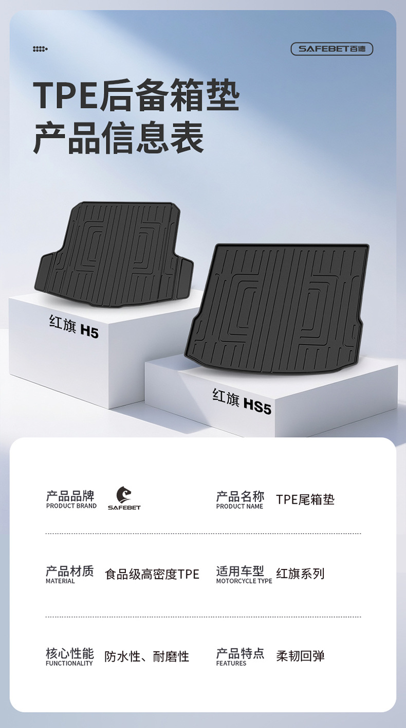 Suitable for Hongqi H6, HS3, HS5, HS6, PHEV, E-QM5, special colorful TPE car trunk mat