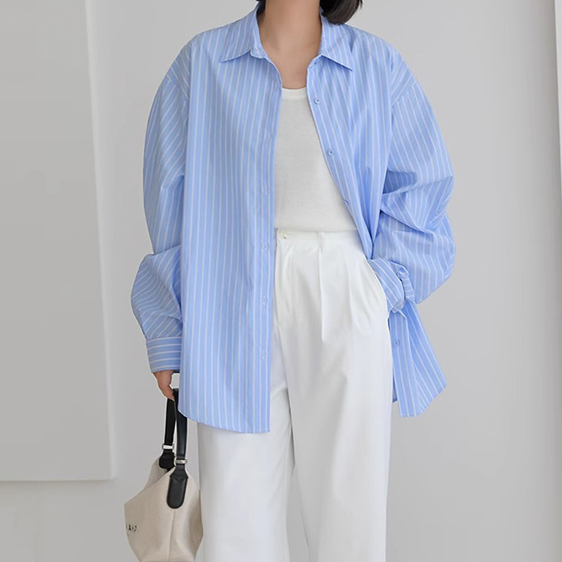 Lazy Style Loose plus size Striped Shirt Women's Single-breasted Daily Casual All-match Shirt Light Luxury White Top