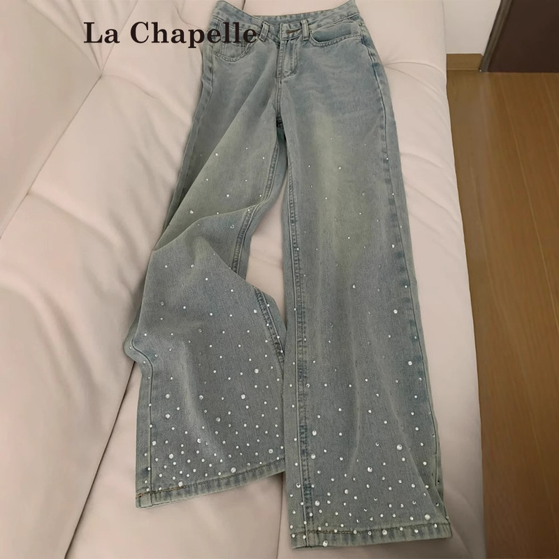 Light Color Hot Drilling Wide Leg Jeans Women's Spring 2025 Trendy All-match New Design Sense High Waist Slimming Straight Leg Pants Light Color Hot Drilling Wide Leg Jeans Women's Spring 2025 Trendy All-match New Design Sense High Waist Slimming Straight Leg Pants