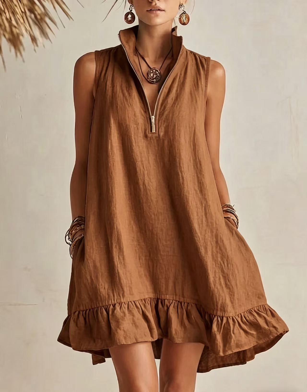 Women's Clothing Women's Solid Color Sleeveless V Neck Dress Cotton Linen Spring Summer For Formal & Casual For Women_ecoleips.com