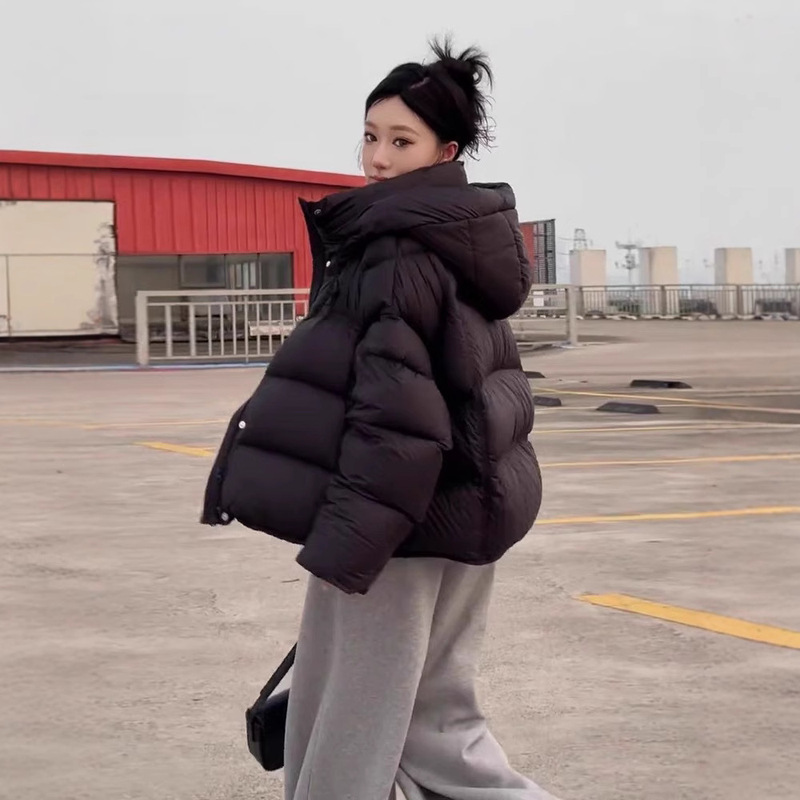 羽绒棉服女短款2025秋冬纯色泡芙连帽宽松面包服加厚保暖棉服外套|undefined