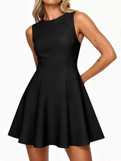Cross-Border Amazon 2026 Summer Waist-Cinching European and American Women's Dress, Elegant Pleated Sleeveless Boat Neck A-Line Style