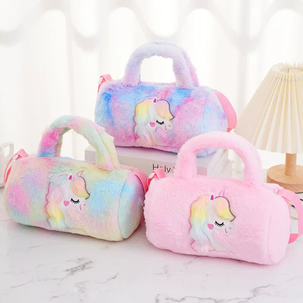 Cross-border European and American uincorn unicorn children's cylindrical one-shoulder cute handbag rabbit plush little girl bag