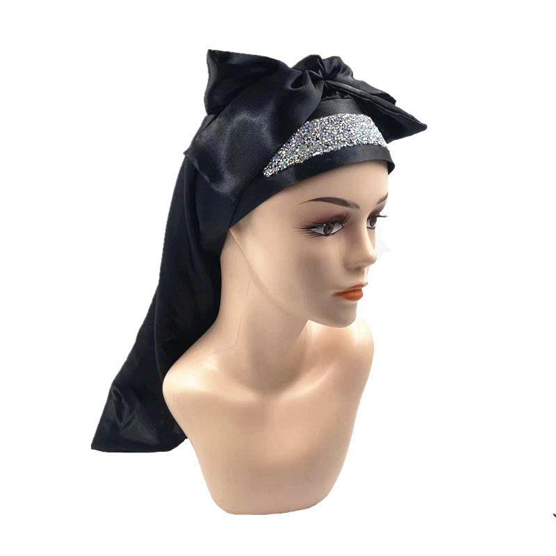 Cross-border Amazon wide-brimmed solid color colored diced drilling long hair cap long belt long tube hair care cap hairdressing cap nightcap