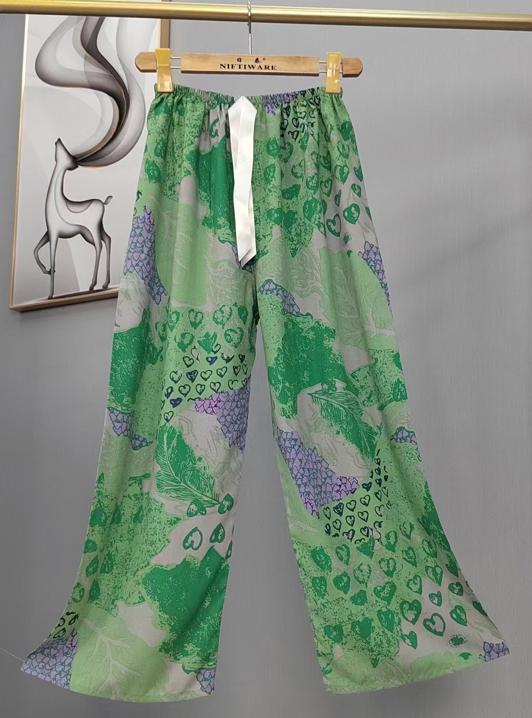 Pijama de seda de algodón para mujer, pantalones anchos de mujer embarazada de seda de algodón con estampado fino de verano