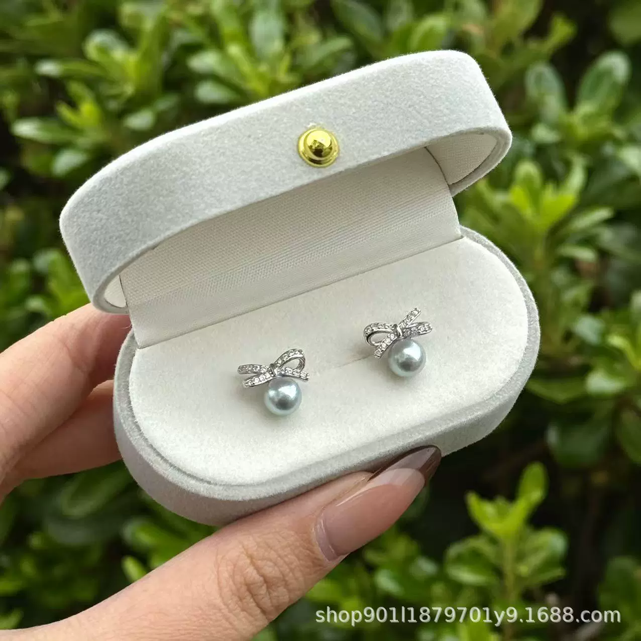 天然海水珍珠akoya耳钉真多麻蝴蝶结S925纯银6-7mm正圆极强光耳饰