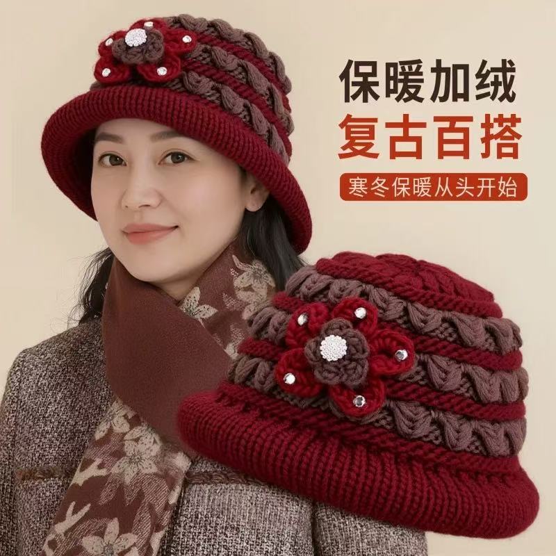 秋冬季老年人帽子针织保暖妈妈帽中老年加绒加厚毛线盆帽老太太帽