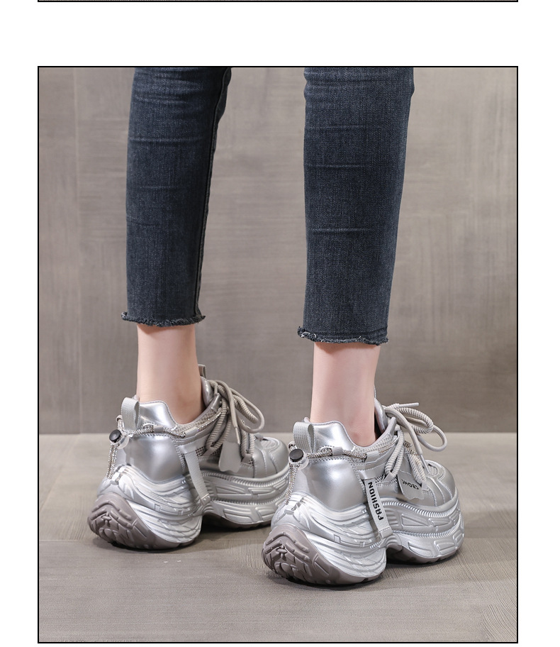 Giày sneaker nữ đế dày chunky mặt lưới thoáng khí, tăng chiều cao bên trong, đính đá rhinestone thời trang — Màu be chi tiết 13