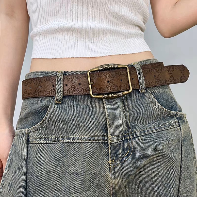 Amerikan tarzı deri kemer erkek bel kemeri y2k kadın yeni model genç kişiler spicy kız etek kombinasyonu antik bakır baskı trend retro kahverengi