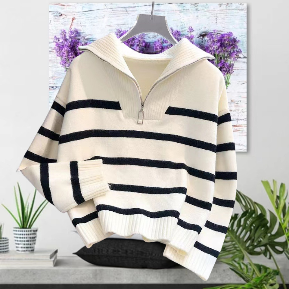 2024 neuer Damen-Herbst-Winter-College-Stil, außen und innen getragener gestreifter Strickpullover, Pullover mit halbem Reißverschluss_voghion.com