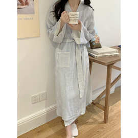 跨境专供外贸睡袍新款条纹印花宽松系腰带家居服女士浴袍睡衣女