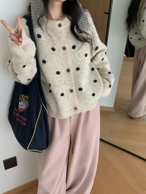 复古撞色波点休闲针织开衫女2025秋冬新款韩版宽松慵懒风毛衣外套|undefined