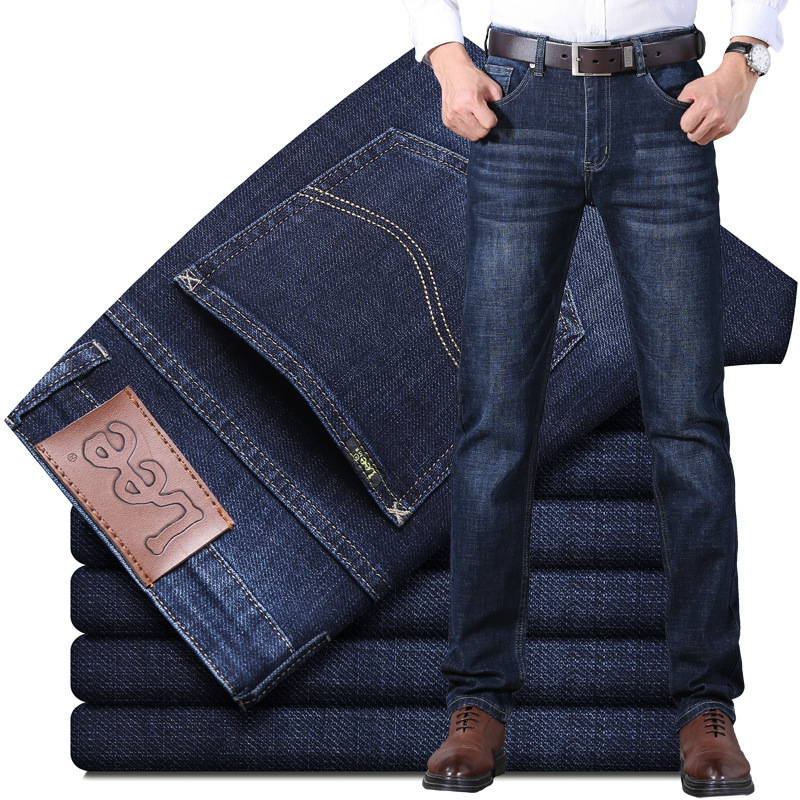 Leedex Autumn and Winter Men's Thick Stretch Straight-Leg Loose-Fitting Jeans for Middle-Aged Business Casual Men's Slim-Fit Trousers