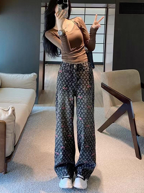 高级感时尚印花牛仔裤女秋季新款高腰显瘦宽松百搭休闲阔腿长裤|undefined