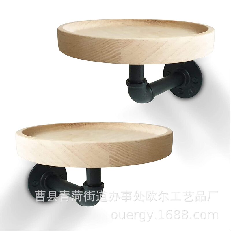 Round Oak Rustic Floating Shelf Storage Rack 2-layer Country Style Bathroom Storage Rack Kitchen Storage Rack Wooden