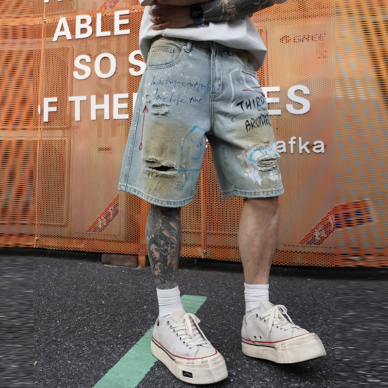 Niche High Street Graffiti Ripped Distressed Denim Shorts Men's Trendy Vibe Loose Wide-Leg Knee-Length Shorts Stylish Foreign Trade