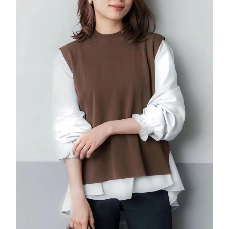 日本韩国新款韩版外单秋冬两件套上衣针织背心毛衣长袖衬衫女