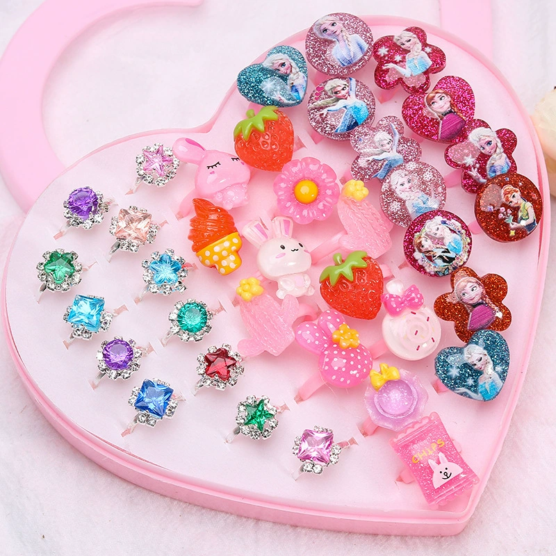 Children's Ring Set, multi-piece cartoon princess jewelry with gems, assorted boxes