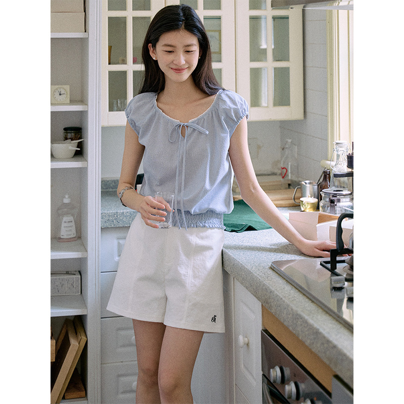 Jicouture "Summer Flower" Yarn-dyed Lace Shirt Women's Summer French Short Drawstring Shirt T-Shirt Jicouture "Summer Flower" Yarn-dyed Lace Shirt Women's Summer French Short Drawstring Shirt T-Shirt