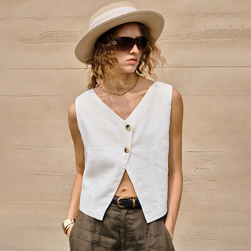 【Limited Time Offer】Pure Linen Vest in Old Money Style, Short Top for Women, Summer Design, Reversible Vest