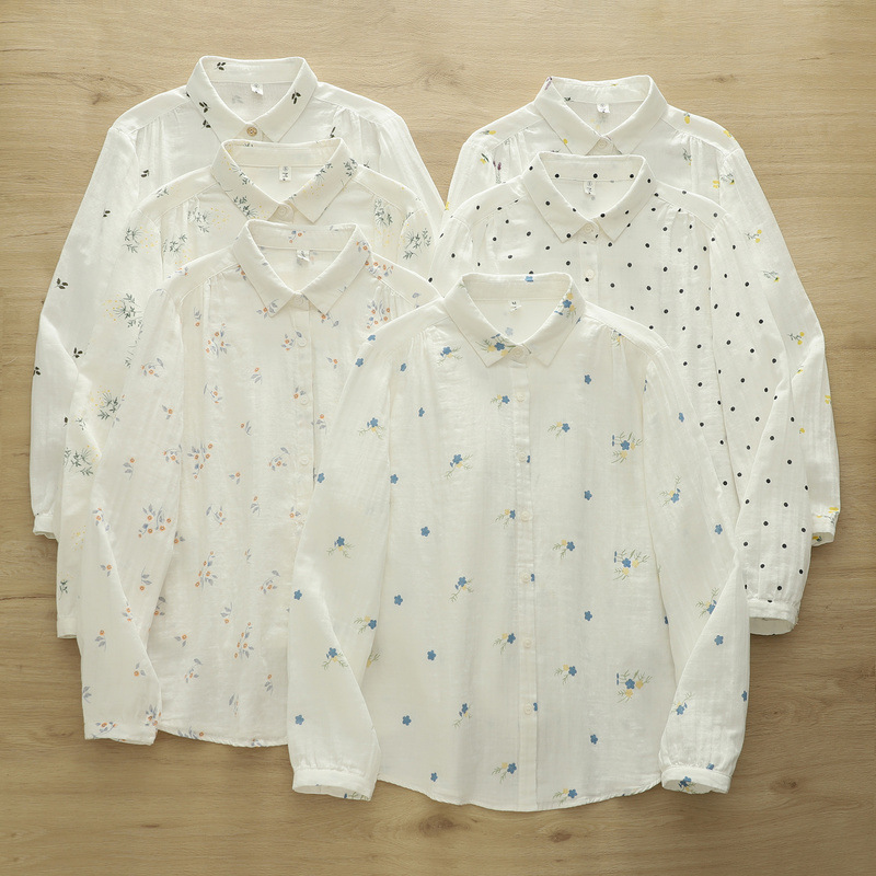 Korean Style New Double-Layer Yarn Printed Flower Lapel Women's Cardigan Long-Sleeved Shirt Wholesale Trend