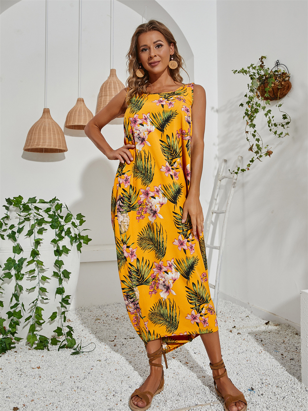 亚马逊wish欧美跨境新款夏季无袖印花松紧腰显瘦不规则连衣裙