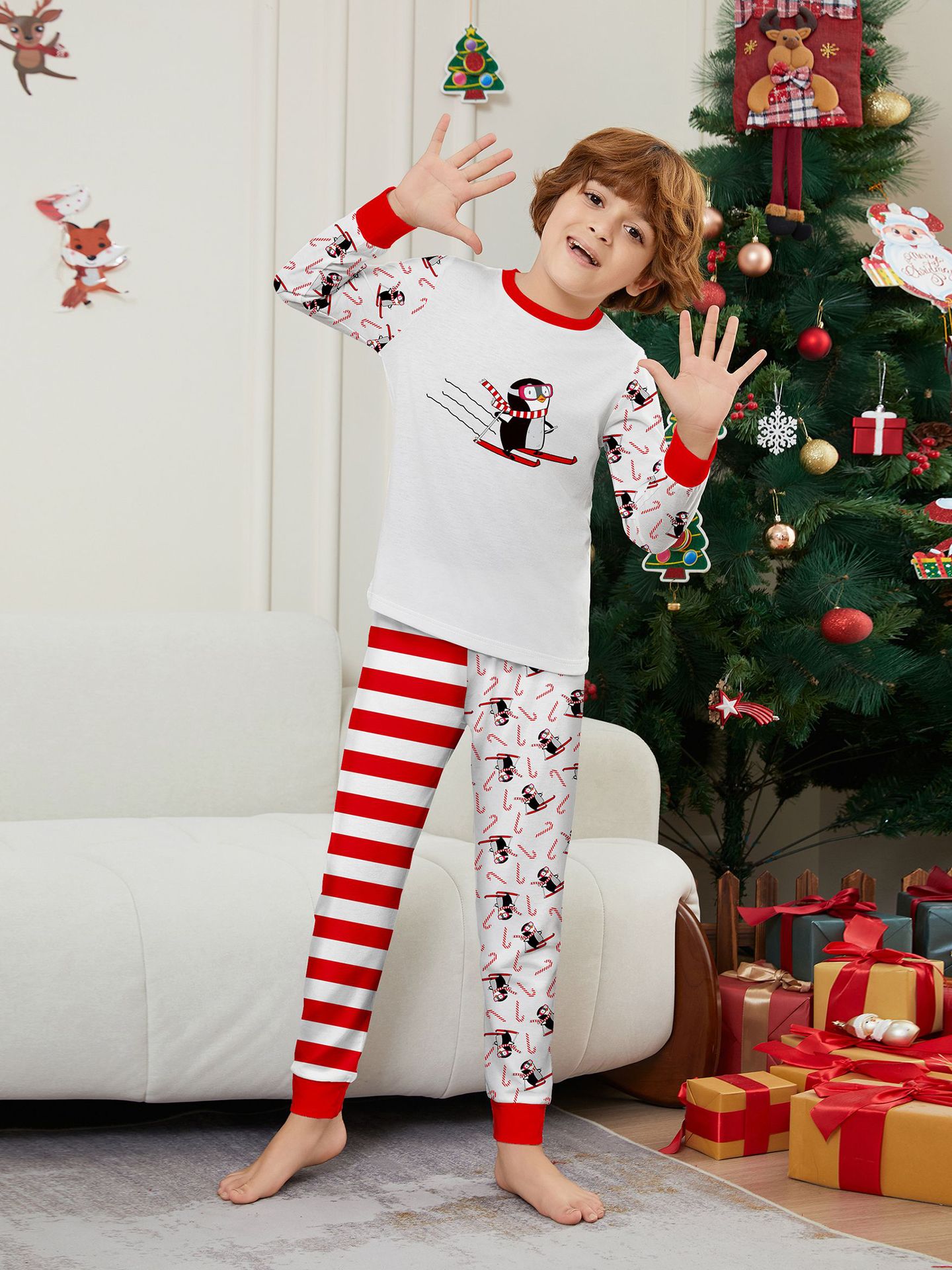 Kerst Pinguïn Candy Cane gestreepte Kerst Familie pak bedrukte homewear pyjama_voghion.com