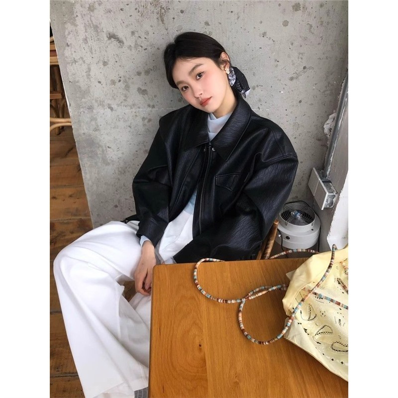 黑色皮衣春秋新款高街潮显瘦百搭高级韩版复古翻领机车皮女款夹克|undefined