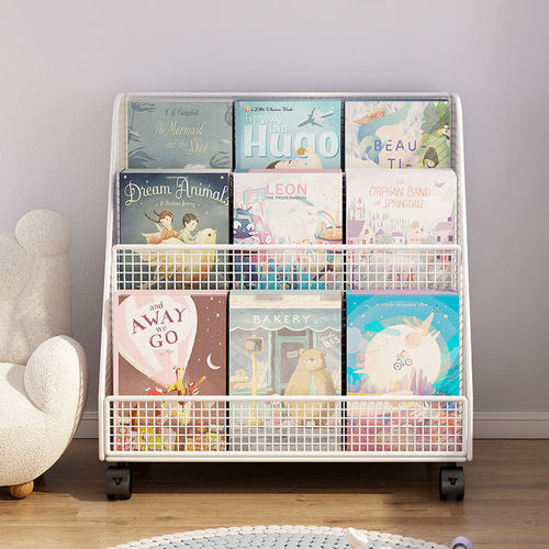 Movable picture book storage rack children's storage rack bookshelf floor pulley reading rack baby toy home bookcase