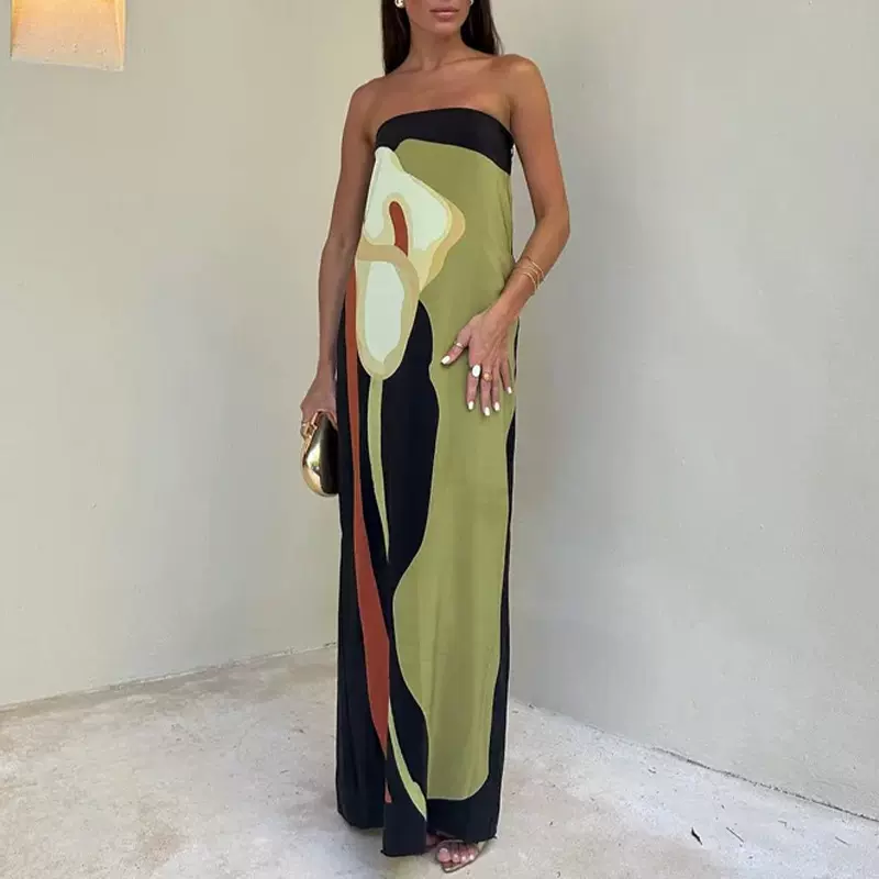 2025独立站新款欧美女装时尚无袖露肩前卫性感露背印花欧美连衣裙