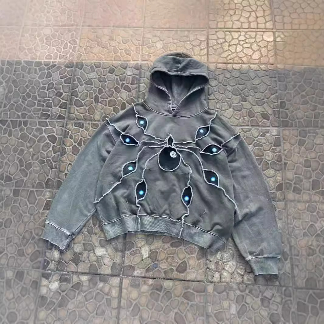 Men's Clothing Dark Retro Heavy Spider Eyes Embroidered Hoodie Street Trend Unisex Pullover Sweatshirt_voghion.com