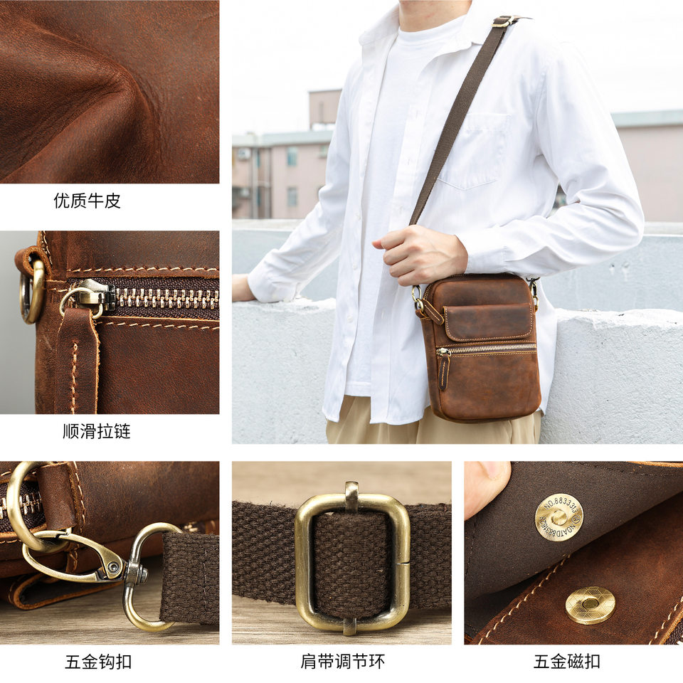 Túi đeo chéo nam da bò thật phong cách retro, túi đựng điện thoại tiện lợi — Mẫu vải thiều đen 7350, 7350 đen trơn, 7350 da dầu màu nâu, 7350 Da Ngựa Điên Nâu