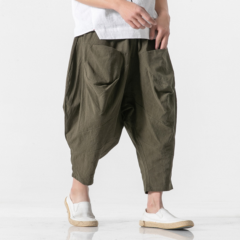 Japanese Style Large Size Loose Pure Color Cotton and Linen Cuffed Large Trousers Harem Pants Hanging Crotch Linen 7-Point Trousers Men's Trousers Wholesale