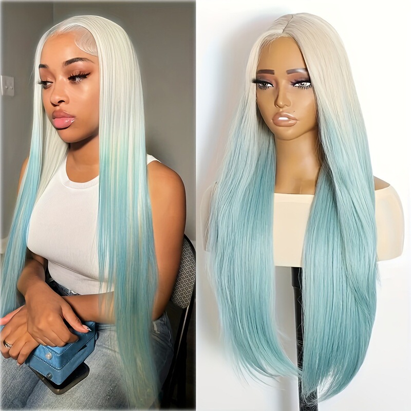 Foreign Trade Export Ao Run Blue Hand-Crocheted Front Lace Wig Long Straight Hair Synthetic Fiber High-Temperature Silk Universal Cosplay Wig for Women