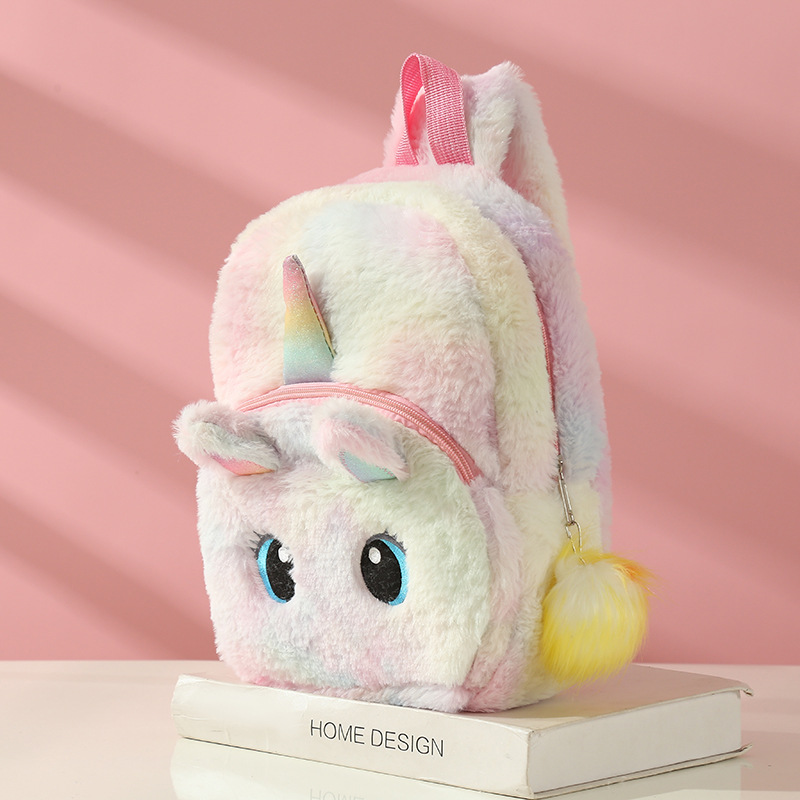 新款Unicorn独角兽彩色兔毛幻彩毛绒球双肩包儿童女孩学生书包详情图7