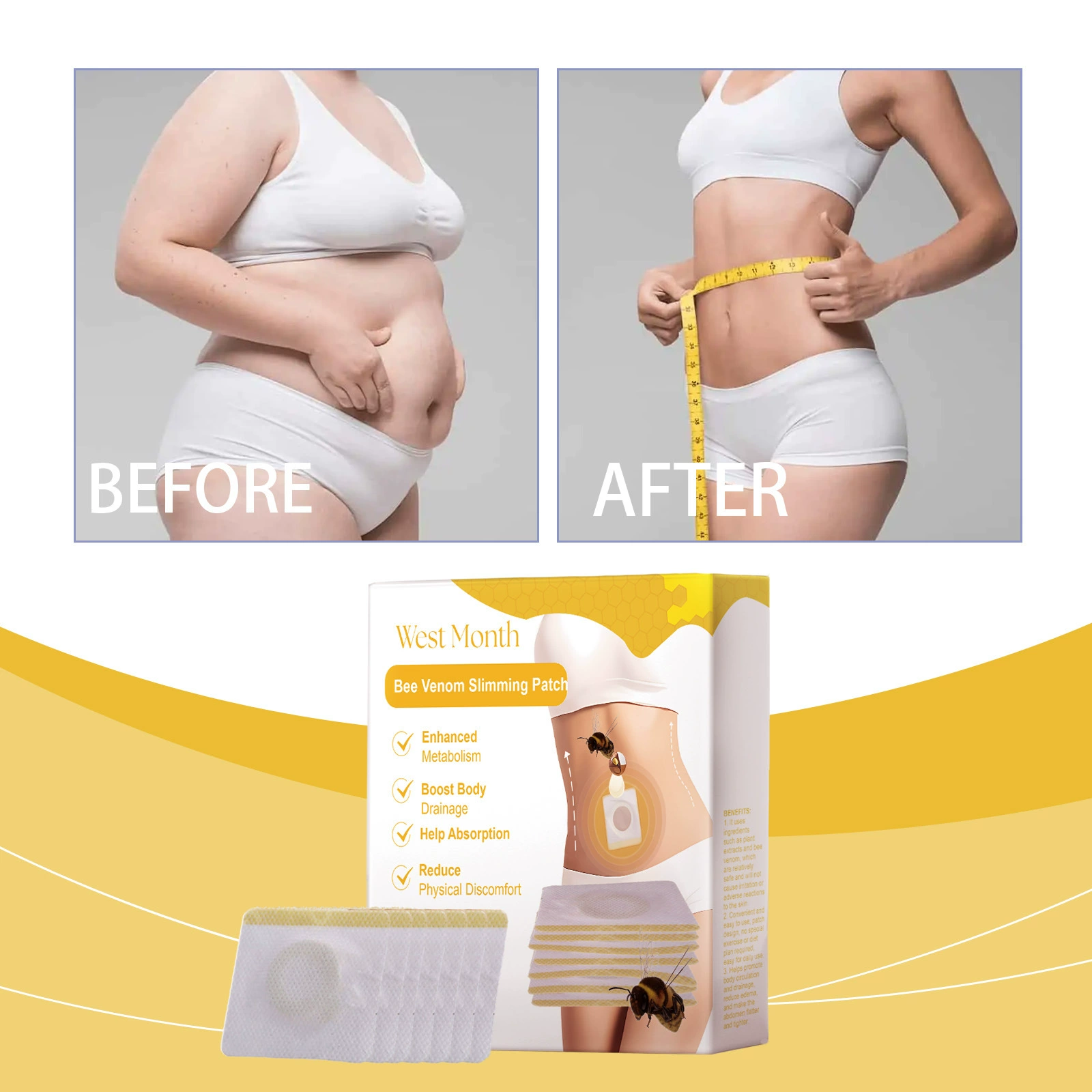 Пластырь для похудения WEST MONTH Bee Venom, подтягивающий тело и бедра, уменьшающий жир на животе, для ленивых
