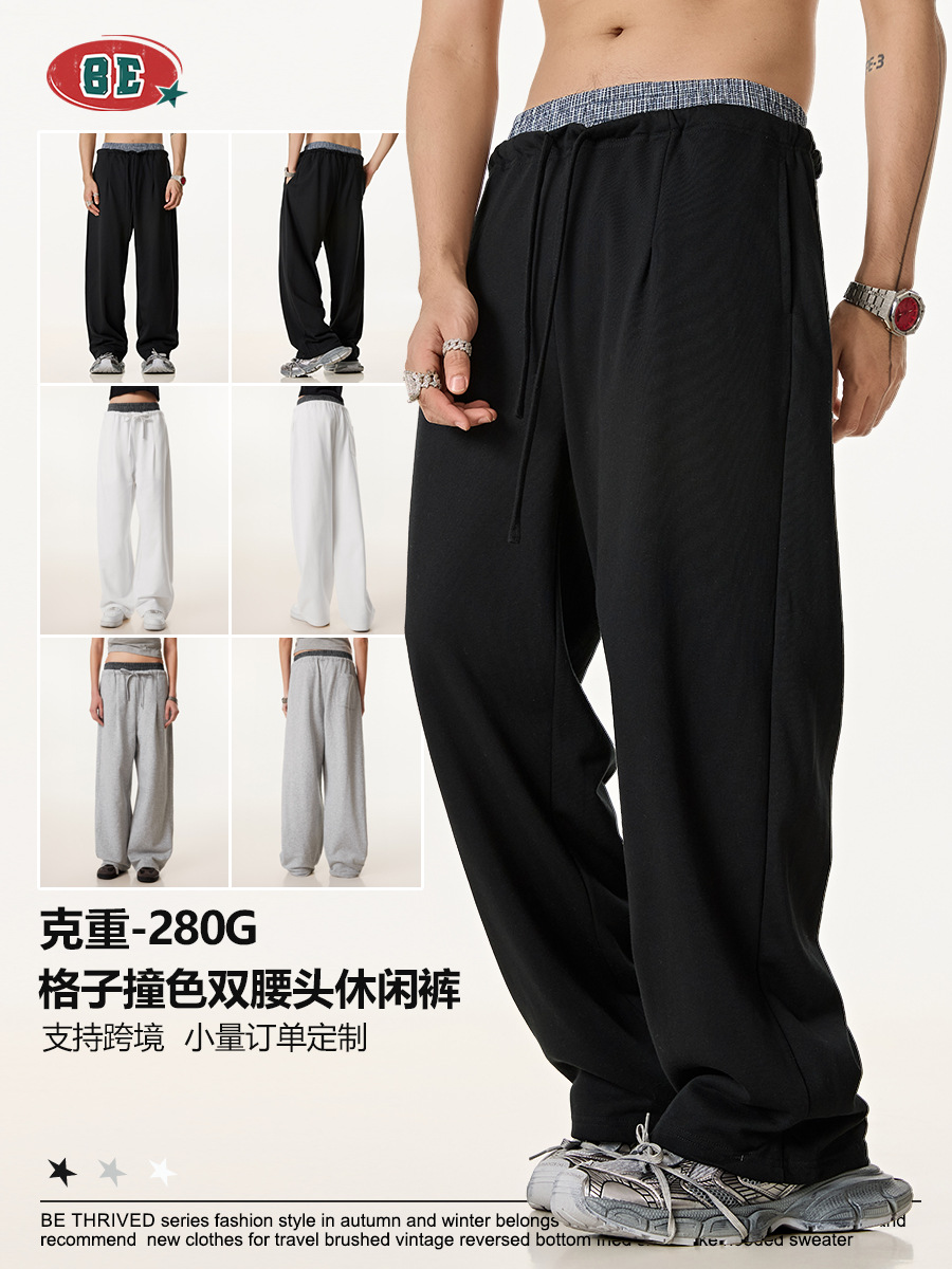 BE ropa de hombre de verano 2025 marca de moda americana de estilo neutro estilo de costura de cintura doble cabeza pantalones de piernas anchas pantalones deportivos rectos pantalones de moda para hombres