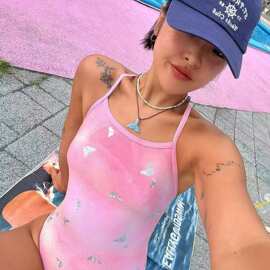 【桃雾栖蝶】竞速游泳成人专业游泳馆亮闪训练露背连体三角新款