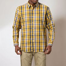 男士复古黄色格子长袖衬衫修身休闲跨境外贸原单商务棉质大码男装